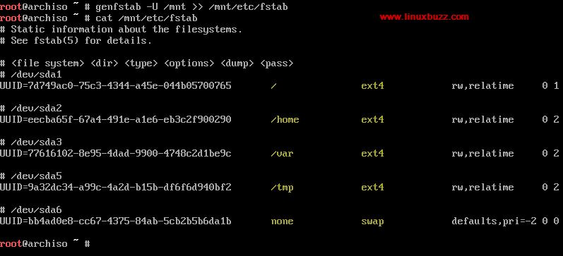 generate-fstab-arch-linux-installation“ width =” 797“ height =” 363“ srcset =” https://www.linuxbuzz.com/image/2018/07/generate-fstab-arch-linux -installation.jpg 797w，https：//www.linuxbuzz.com/image/2018/07/generate-fstab-arch-linux-installation-768x350.jpg 768w，https：//www.linuxbuzz.com /image/2018/07/generate-fstab-arch-linux-installation-300x137.jpg 300w“ size =”（最大宽度：797px）100vw，797px“ src =” http：//www.linuxbuzz .com / wp-content / uploads / 2018/07 / generate-fstab-arch-linux-installation.jpg“ class =” alignnone size-full wp-image-491 lazyload“><noscript><img loading=